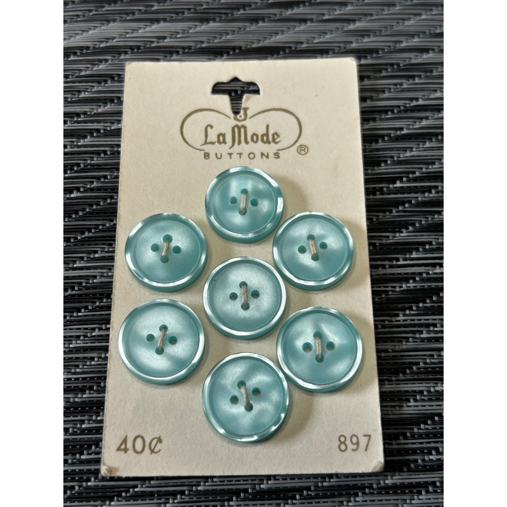 Vintage La Mode Aqua Blue Buttons Size 24 5/8 Inch 4-Hole Set of 7 Japan 897
